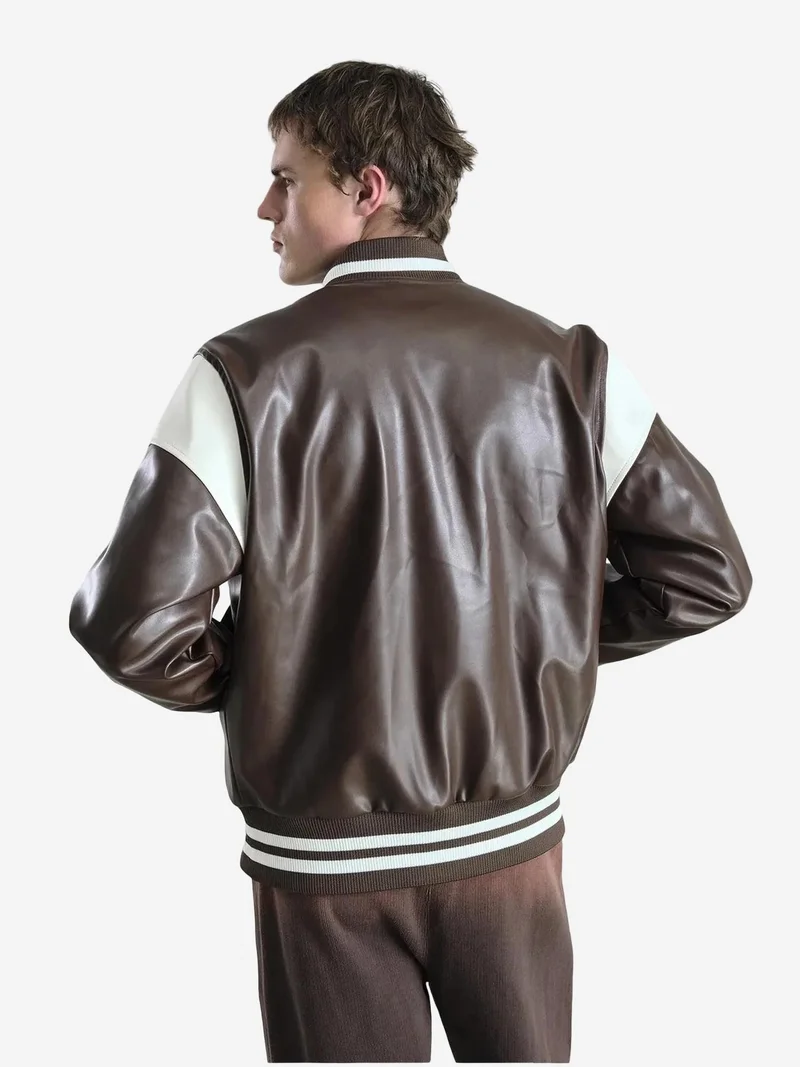 Giesto Mocha Brown GIESTO Faux Leather Embroidered Zip-Up Jacket for Men | Best Price UAE